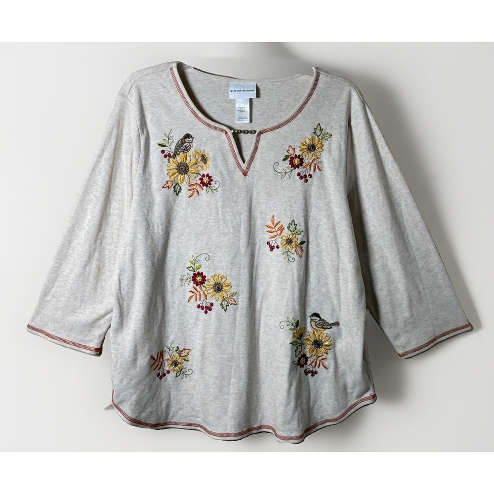 Alfred Dunner Fall Pullover Top L Large Embroidered Sunflowers Birds 3/4 Sleeve